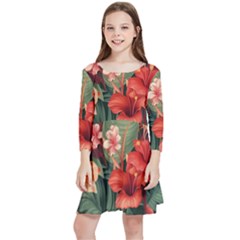 Tropical Flower Bloom Kids  Quarter Sleeve Skater Dress