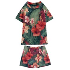 Tropical Flower Bloom Kids  Swim T-shirt And Shorts Set