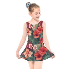 Tropical Flower Bloom Kids  Skater Dress Swimsuit by Maspions