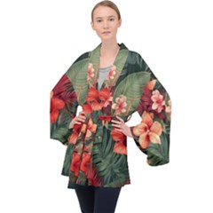 Tropical Flower Bloom Long Sleeve Velvet Kimono 