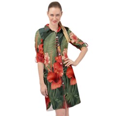 Tropical Flower Bloom Long Sleeve Mini Shirt Dress by Maspions