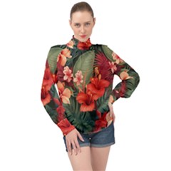 Tropical Flower Bloom High Neck Long Sleeve Chiffon Top by Maspions