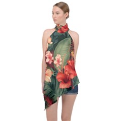 Tropical Flower Bloom Halter Asymmetric Satin Top