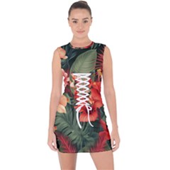 Tropical Flower Bloom Lace Up Front Bodycon Dress