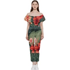 Tropical Flower Bloom Bardot Ruffle Jumpsuit by Maspions