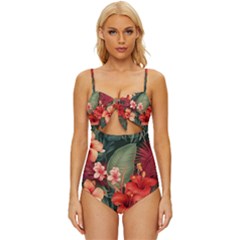 Tropical Flower Bloom Knot Front One-piece Swimsuit