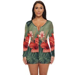 Tropical Flower Bloom Long Sleeve Boyleg Swimsuit