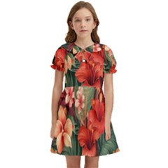 Tropical Flower Bloom Kids  Bow Tie Puff Sleeve Dress