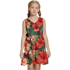 Tropical Flower Bloom Kids  Sleeveless Tiered Mini Dress