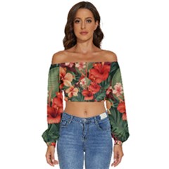 Tropical Flower Bloom Long Sleeve Crinkled Weave Crop Top