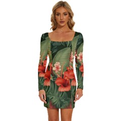 Tropical Flower Bloom Long Sleeve Square Neck Bodycon Velvet Dress