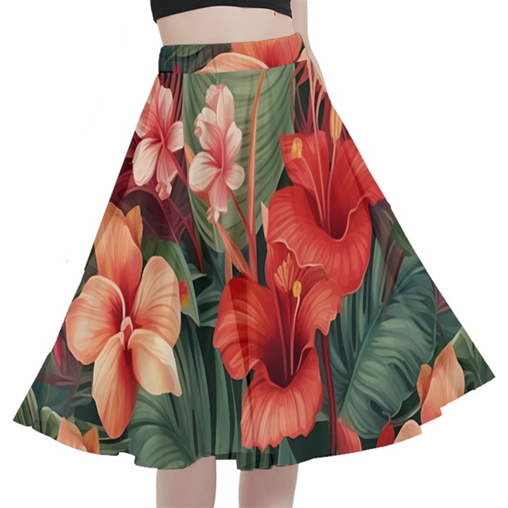 Tropical Flower Bloom A-Line Full Circle Midi Skirt With Pocket