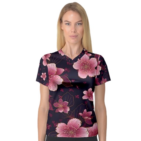 Flower Sakura Bloom V-neck Sport Mesh T-shirt by Maspions