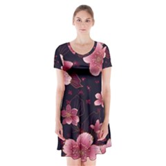 Flower Sakura Bloom Short Sleeve V-neck Flare Dress