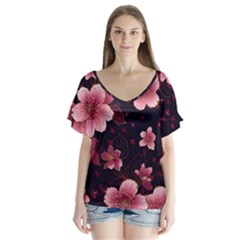 Flower Sakura Bloom V-neck Flutter Sleeve Top