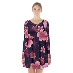 Flower Sakura Bloom Long Sleeve Velvet V-neck Dress