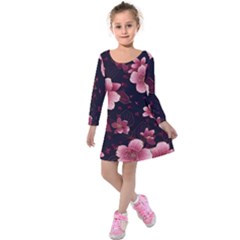 Flower Sakura Bloom Kids  Long Sleeve Velvet Dress