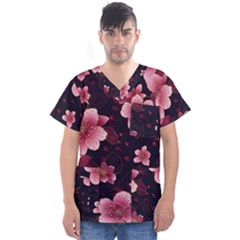 Flower Sakura Bloom Men s V-neck Scrub Top