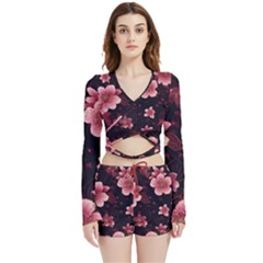 Flower Sakura Bloom Velvet Wrap Crop Top And Shorts Set