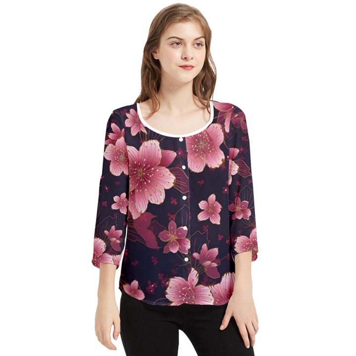 Flower Sakura Bloom Chiffon Quarter Sleeve Blouse