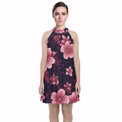 Flower Sakura Bloom Velvet Halter Neckline Dress 