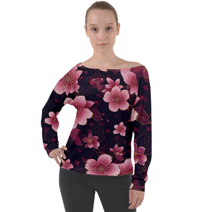 Flower Sakura Bloom Off Shoulder Long Sleeve Velour Top