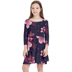 Flower Sakura Bloom Kids  Quarter Sleeve Skater Dress