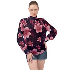 Flower Sakura Bloom High Neck Long Sleeve Chiffon Top