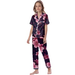 Flower Sakura Bloom Kids  Satin Short Sleeve Pajamas Set