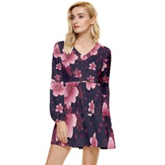 Flower Sakura Bloom Tiered Long Sleeve Mini Dress