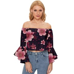 Flower Sakura Bloom Off Shoulder Flutter Bell Sleeve Top