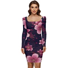 Flower Sakura Bloom Women Long Sleeve Ruched Stretch Jersey Dress by Maspions