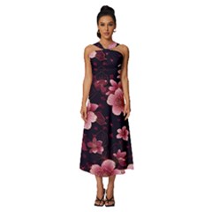 Flower Sakura Bloom Sleeveless Cross Front Cocktail Midi Chiffon Dress