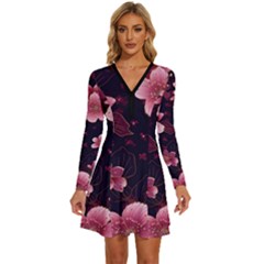 Flower Sakura Bloom Long Sleeve Deep V Mini Dress 