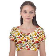 Mushroom Autumn Fall Velvet Short Sleeve Crop Top 