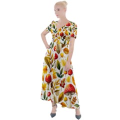 Mushroom Autumn Fall Button Up Short Sleeve Maxi Dress