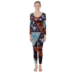 Fractal Triangle Geometric Abstract Pattern Long Sleeve Catsuit by Cemarart