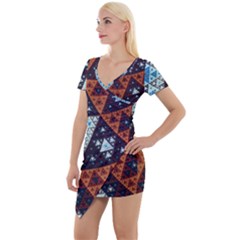 Fractal Triangle Geometric Abstract Pattern Short Sleeve Asymmetric Mini Dress by Cemarart