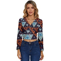 Fractal Triangle Geometric Abstract Pattern Long Sleeve V-neck Top by Cemarart