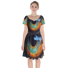 Eye Bird Feathers Vibrant Short Sleeve Bardot Dress