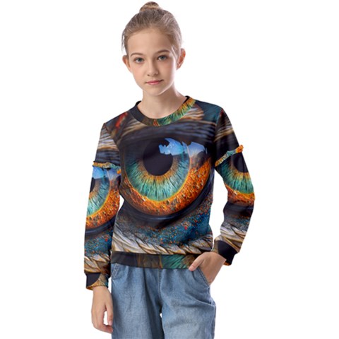 Eye Bird Feathers Vibrant Kids  Long Sleeve T-shirt With Frill  by Hannah976