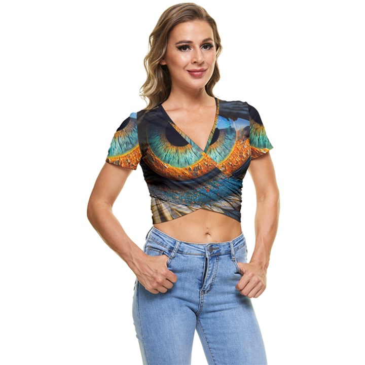 Eye Bird Feathers Vibrant Short Sleeve Foldover T-Shirt