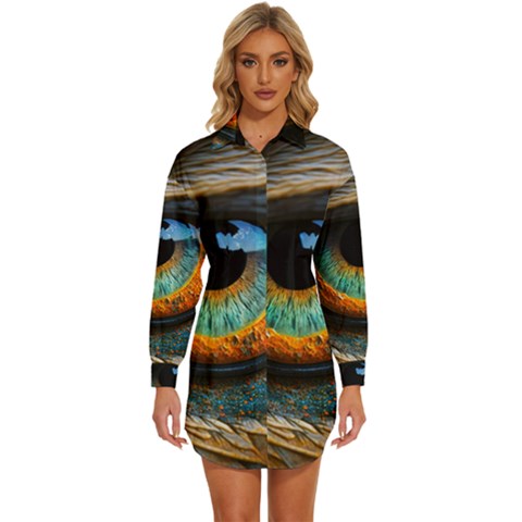 Eye Bird Feathers Vibrant Womens Long Sleeve Shirt Dress by Hannah976