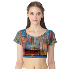 City New York Nyc Skyscraper Skyline Downtown Night Business Urban Travel Landmark Building Architec Short Sleeve Crop Top by Posterlux