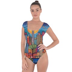 City New York Nyc Skyscraper Skyline Downtown Night Business Urban Travel Landmark Building Architec Short Sleeve Leotard 