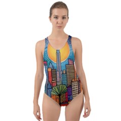 City New York Nyc Skyscraper Skyline Downtown Night Business Urban Travel Landmark Building Architec Cut-out Back One Piece Swimsuit by Posterlux