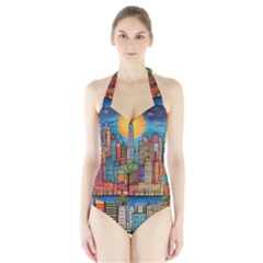 City New York Nyc Skyscraper Skyline Downtown Night Business Urban Travel Landmark Building Architec Halter Swimsuit by Posterlux