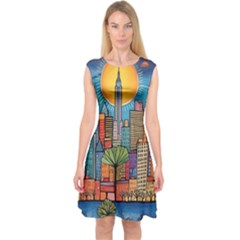 City New York Nyc Skyscraper Skyline Downtown Night Business Urban Travel Landmark Building Architec Capsleeve Midi Dress