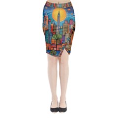 City New York Nyc Skyscraper Skyline Downtown Night Business Urban Travel Landmark Building Architec Midi Wrap Pencil Skirt by Posterlux