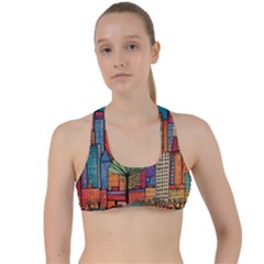 City New York Nyc Skyscraper Skyline Downtown Night Business Urban Travel Landmark Building Architec Criss Cross Racerback Sports Bra